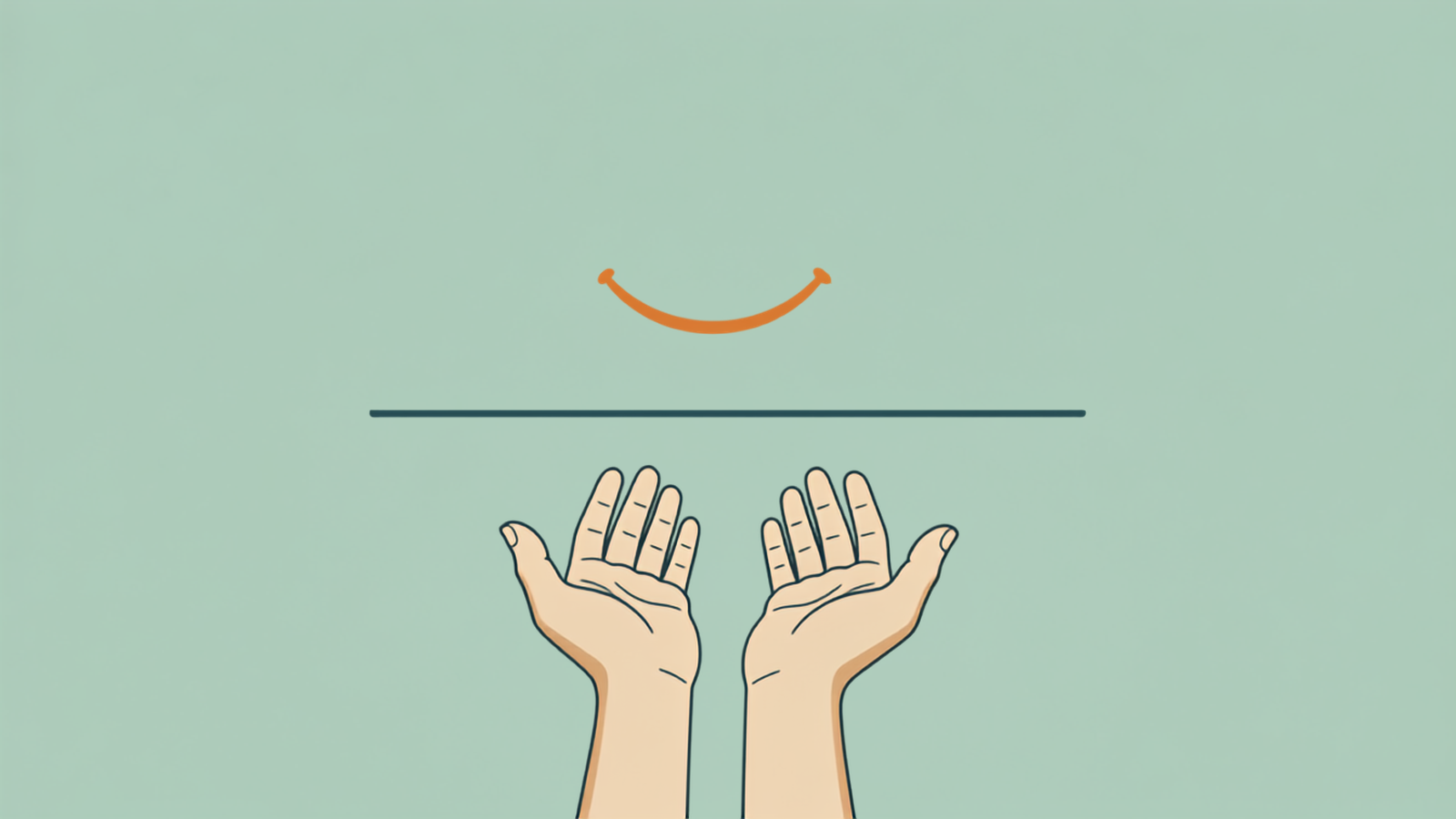 Illustration of two open hands holding a smile curve steady above a level horizontal baseline line