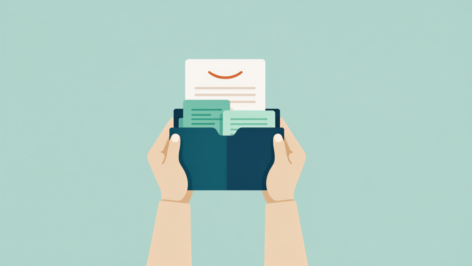 Illustration of a tidy set of aged care records ready for review, with a small orange smile marking a completed field