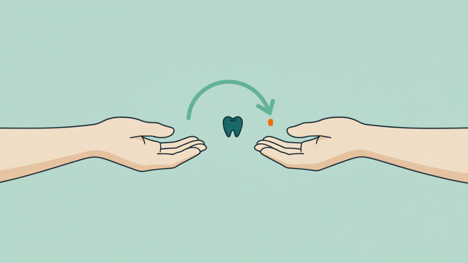 Illustration of two open hands passing a tooth beneath a curved arrow