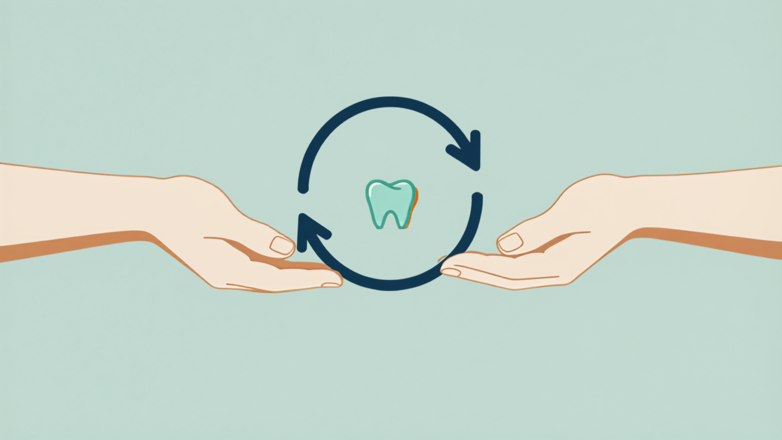 Illustration of a referral loop closing — an arrow curving back to a small orange smile
