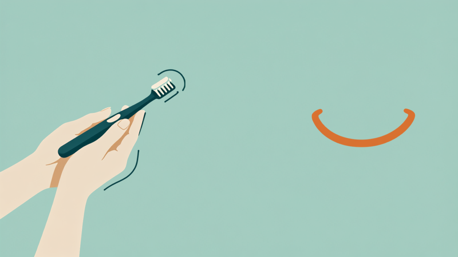 Illustration of hands raising a toothbrush with a smile curve alongside