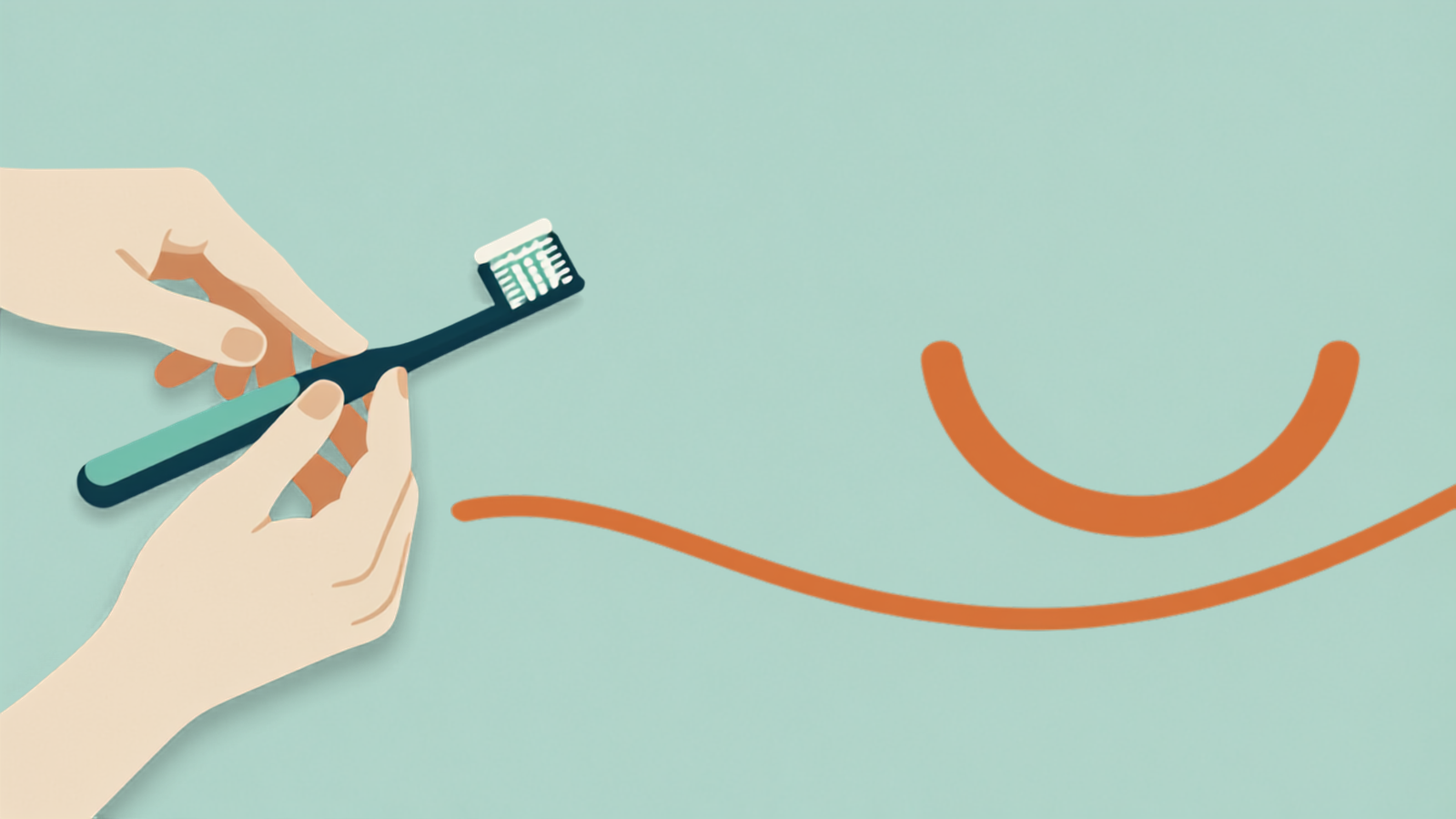 Illustration of hands holding a toothbrush beside a soft smile curve