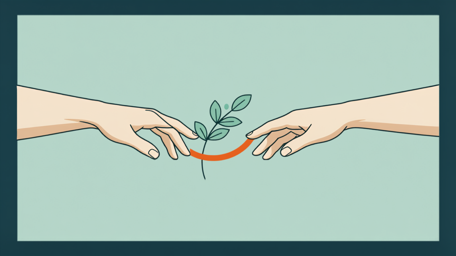 Illustration of two hands reaching toward each other around a leafy sprig and a smile curve