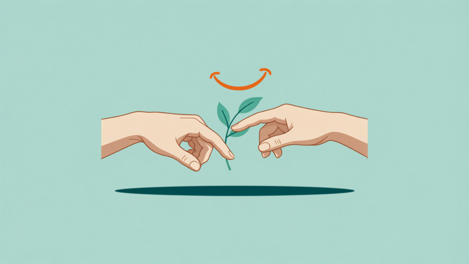 Illustration of two hands meeting at a leafy sprig beneath a smile curve