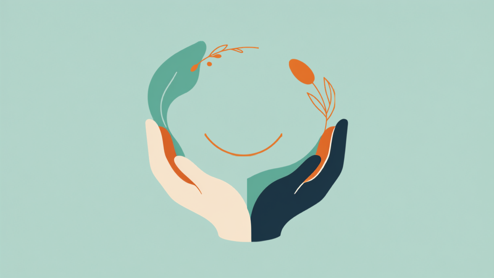 Illustration of two hands gently cradling a smile curve with botanical accents