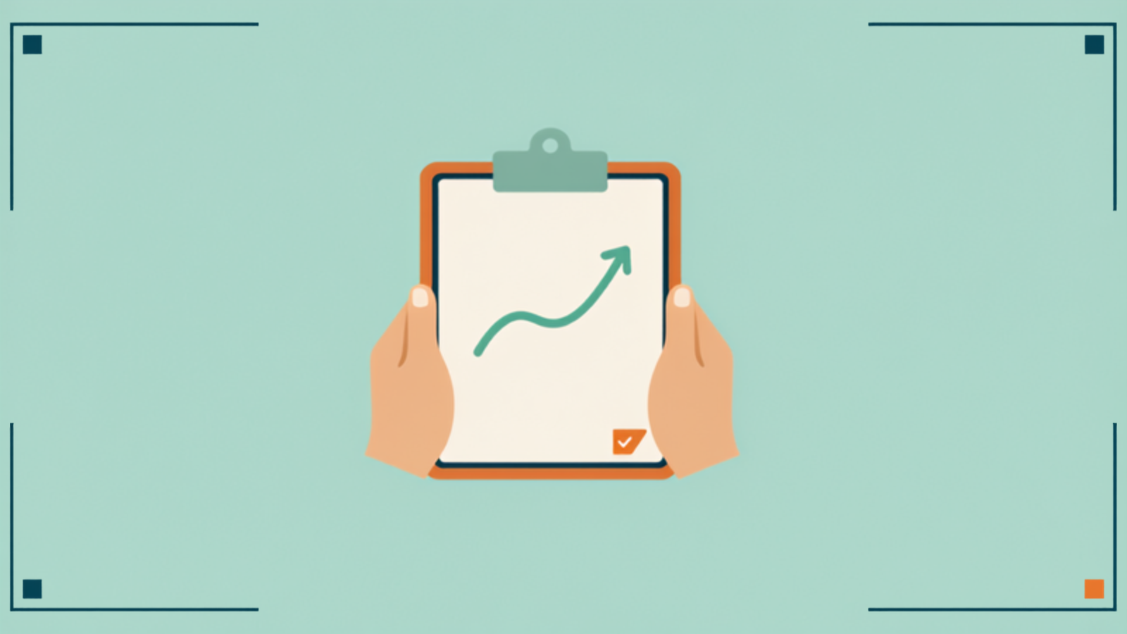 Illustration of hands holding a clipboard with an upward arrow and a completed checkbox