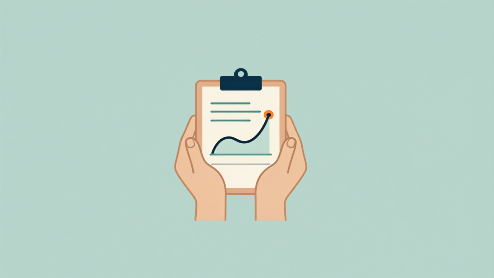 Illustration of hands holding a clipboard with a rising trend line drawn as a smile